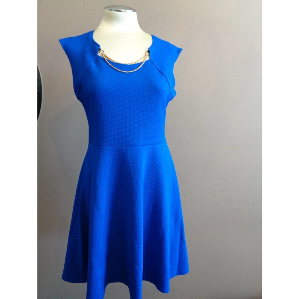 French Atmosphere Dress XL Blue Sleeveless Fit/Flare Stretch Knit Scoop w Chain